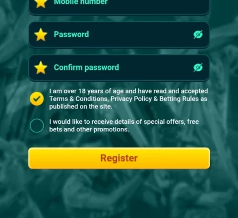 Top of the BRO444.com mobile register screen showing the yellow back control, BRO444.com title, bold yellow Register heading, and the Already have an account? Login link that returning players use before entering mobile number and password on the login step.